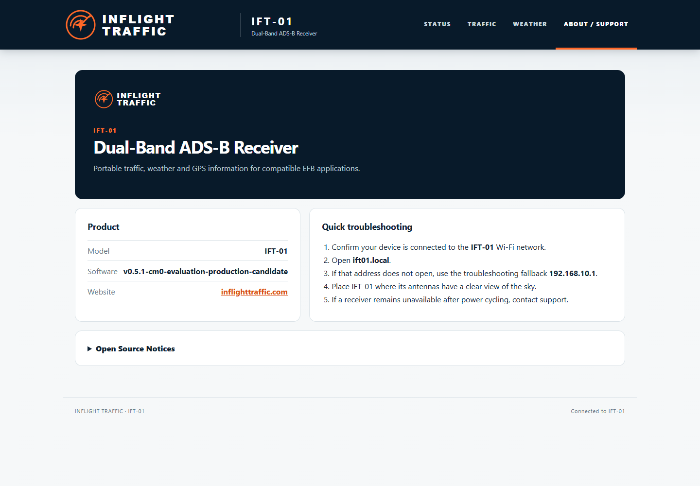 IFT-01 About and Support page