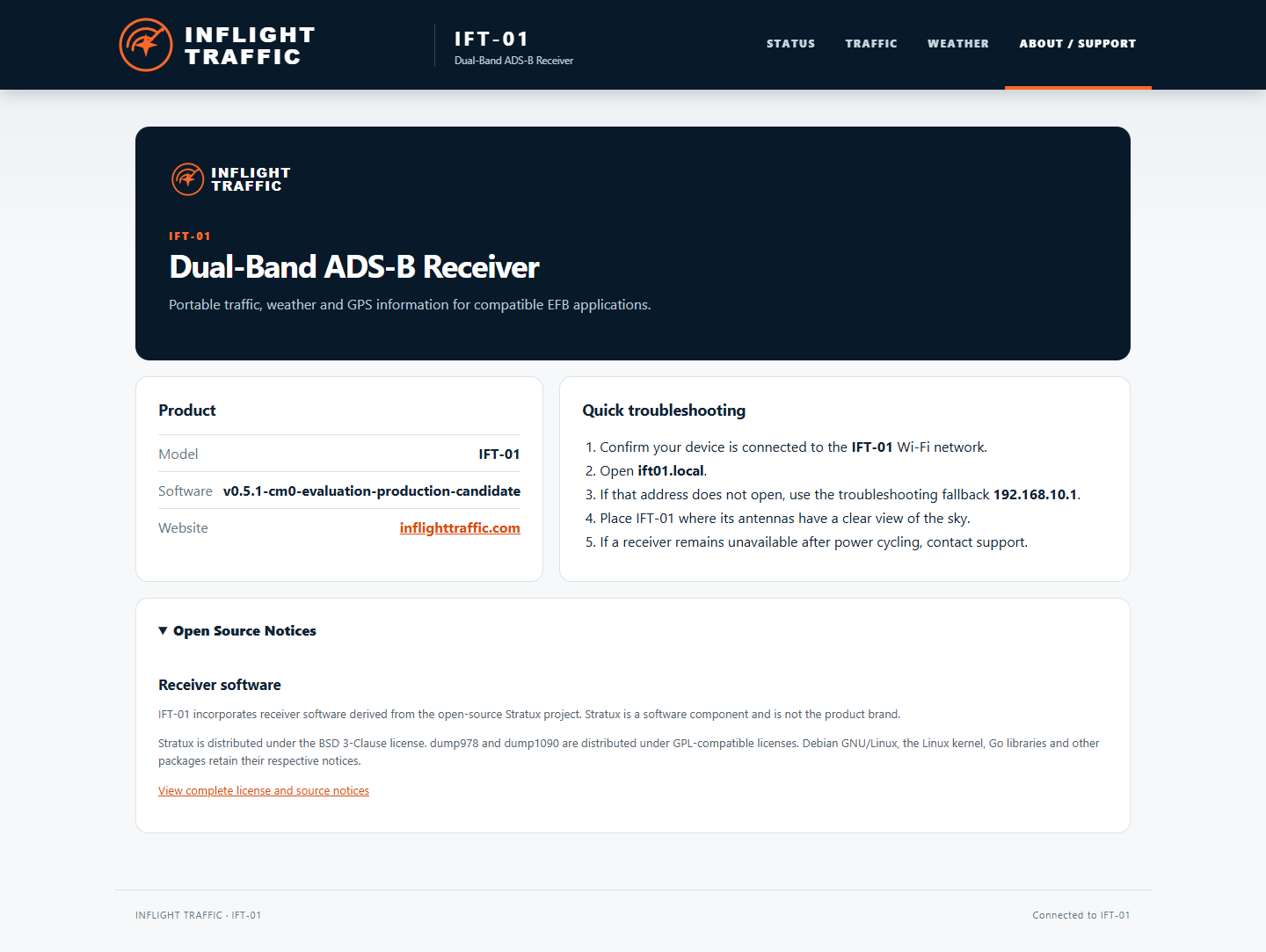 IFT-01 Open Source Notices page