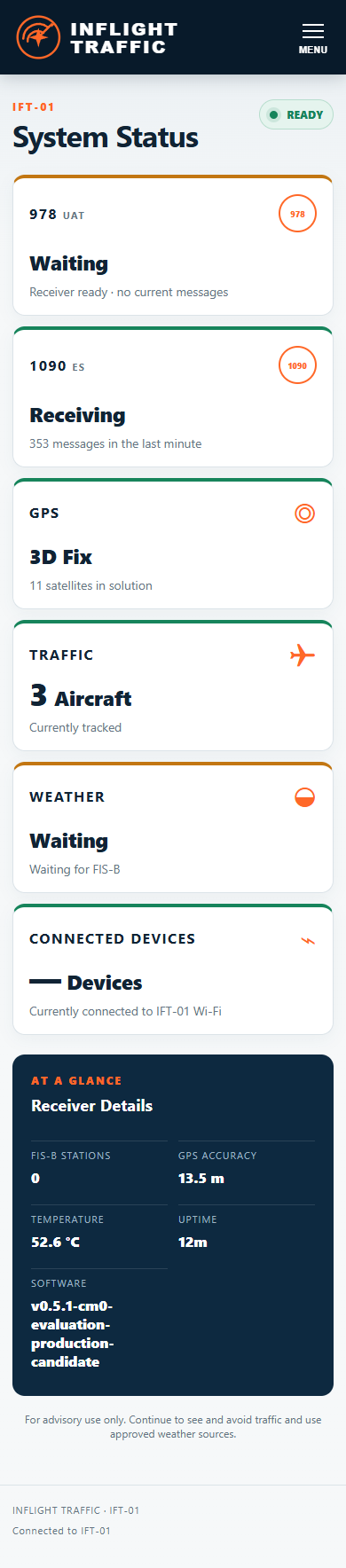 IFT-01 Status page on a phone