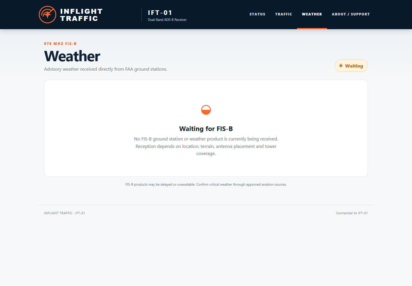 IFT-01 Weather page showing Waiting for FIS-B